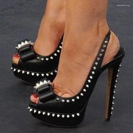 Dress Shoes Sexy Bowtie Rivet Slingback Women Pumps Black Matte Leather Peep Toe Spikes Platform Banquet Size 45