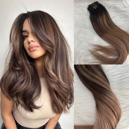 Ombre Clip in Hair Extensions 2/6/18 Balayage Slik Straight Virgin Brazilian Real Clip on Human Hair Extension 120g