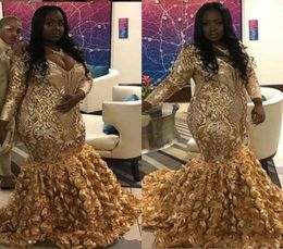 Gold Black Girls African Prom Dresses 2020 v neck Sequin Applique Long Sleeves Rose Floral Skirt Special Occasion Gowns Party Dres3423098