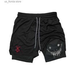Men's Shorts Anime Berserk Running Shorts Men Fitness Gym Training 2 in 1 Sports Shorts Quick Dry Workout Jogging Double Deck Summer Y240320