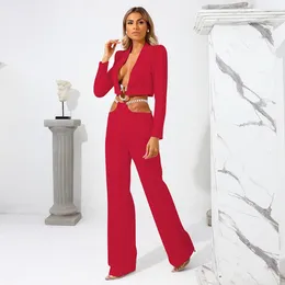 Women's Two Piece Pants Suit In Matching Sets Sexy Long Sleeve Laple Crop Blazer Low Waist Trousers 2024 Elegant Gowns Party Outfits