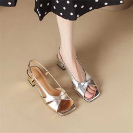 New Summer Open Toe Sandals Womens Middle Heel Thick Back Strap Buckle Silver Gold Shoes Elegance Flip Flops For Women 240228