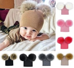 Winter Baby Knitted Hat With Two Fur Pompoms Boy Girls Fur Ball Beanie Kids Double Pom Cap for Children7413507