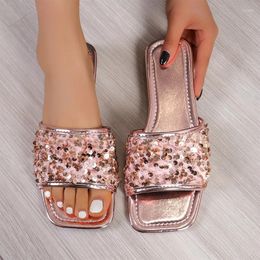 Slippers Bling Women Flats Beach Sandals Summer Open Toe Flip Flops 2024 Walking Luxury Shoes Square Slingback Slides Female