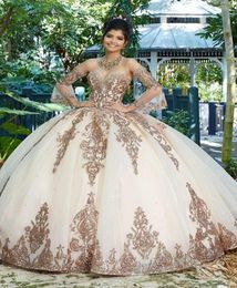 Rose Gold Sweet 16 Princess Quinceanera Dresses Long Sleeves Tulle Formal Pageant Ball Gown for Girls Vestidos De Anos robe1241784