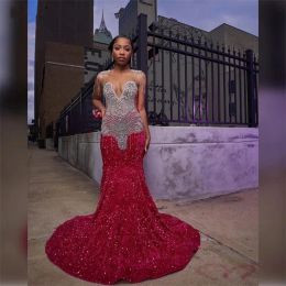 Glitter Red Prom -klänningar Kristaller Rhinestones Tassels Beads paljetter Klänning för Black Girls Birthday Party