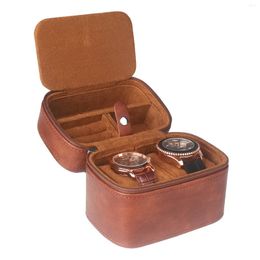 Watch Boxes 2 Slots Cowhide Box Retro Luxury Genuine Leather Strap Jewelry Travel Portable Organizer Display Storage Case