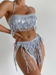 Women's Swimwear Shiny and Sparkling Bikini Set Womens Sexy Bandeau Push Up Sequin Tassel Swimsuit 2024 Womens Beach Swimsuit J240319