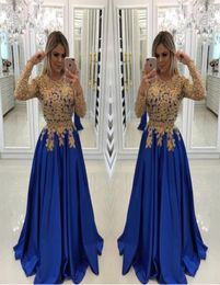 Sexy Royal Blue With Gold Lace Beads Evening Dresses Caftan Formal Gowns Illusion Long Sleeves Sequins Satin Prom Pageant Dress pl1028576