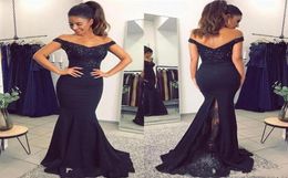 2019 Cheap Navy Blue Mermaid Prom Dress Sexy Off Shoulder Lace Appliqued Evening Gown Elegant Long Formal Prom Evening Party Dress9524578