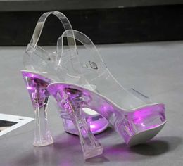 Dress Shoes 6 Colour Square Heel Women Sandals Light Up Glowing Luminous Clear Platform High 15cm TransparentIM7Y H240321