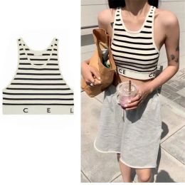 Gestreifte Strickweste für Damen, Designer-Crop-Top, ärmelloses Top, T-Shirts, Sommer, Schwarz-Weiß-Mode, ärmellose, kurze T-Shirts für Damen. Damenstrick