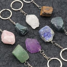 Irregular Natural Stone Raw Key Chain Rough Gemstone Keychain Natural Crystal Gem Stone Keyring Holders Jewelry