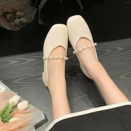 Casual Shoes Women Pearl Comfortable Low Heeled Leather Square Toe Shallow Mouth Solid Beaded Zapatos Para Mujeres