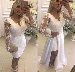 White Pearls Short Party Evening Dresses With Detachable Skirt Illusion Long Sleeves Lace Formal Prom Gowns For Evening7036953