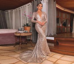 gold Sequins Reflective Mermaid Blue Prom Dresses Beads Sheer Neck Long Sleeves Evening Gowns With Tassels Sweep Train Formal Part1907893
