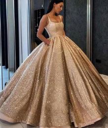 Gold Sequined Gorgeous Ball Gown Quinceanera Dresses Spaghetti Straps Floor Length Beaded Prom Dress Sweet 16 Vestidos 15 anos3764636