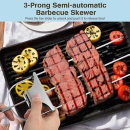 Tools 3 Way Skewers Metal For Grilling Grill Skewer With Push Bar Slider