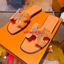 Leather Sandals Oran Womens Slippers HB Versatile Rhinestone Slippers for Womens Summer Outings 2024 Internet Celebrity Fashion Street Flat B have logo TNPF