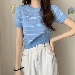 Crop top striped short sleeved T-shirt knitted Camisol black beautiful womens shirt casual language summer thin womens clothing 240320