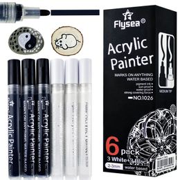 6pcsPack Black White Acrylic Paint Markers Pens for Rock Painting Wood Metal Stone Ceramic Glass Graffiti Paper 240320