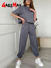 Casual Summer Womens Oversize Trouser Suit Cotton Grey White Classic Top and Pants Tracksuit Two Piece Set Women 2024 Outfits 240314
