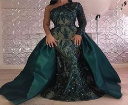 Long Sleeves Evening Dresses 2019 Arabic A Line One Shoulder emerald green Pageant Formal Holiday Wear Prom Party prom Gown8948966