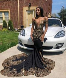 2020 African Black Prom Dresses With Gold Appliques Sequins V Neck Short Sleeve Mermaid Party Dress Court Train Evening Gowns6283828