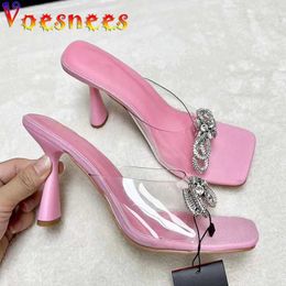 Dress Shoes PVC Transparent Female Slippers Rhinestone Butterfly-knot Women Crystal High Heels 8CM Summer Square Head Ladies Sandals H240325