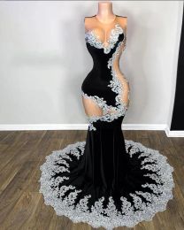 Sier Lace Appliques Veet Mermaid Prom Dresses Sexy Sheer O Neck Formal Gown Party Evening Birthday Dress Black Girl Vestidos 0425