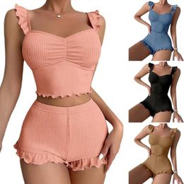 Running Sets Women Two-piece Suit Women's Summer Pajamas Set With Shirring Low-cut Crop Top High Waist Shorts Homewear Sleepwear For Comfort