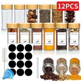 12Pcs Glass Spice Jars with Bamboo Lid Round Seasoning Containers Salt Pepper Shaker Organiser Kitchen Jar Set 240307