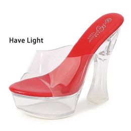 Dress Shoes Flashing Light Clear PVC Woman Slippers Summer Transparent High Heels 14CM Club Sandal Outdoor Luminous Crystal Platform H2403252