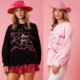 Women's Hoodies 2024 Spring Valentine's Day Sweatshirt Love Sequin Sweater Loose Casual Long Sleeve Round Neck Pullover Knitted Top