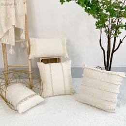 Pillow Beige Cover 30x50cm/45x45cm Linen Tassels Boho Style For Home Decoration Sofa Bed Chair Living Room Bedroom