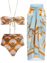 Summer 2024 Fashion Design Print Halterneck Women's Swimsuit Two-piece Skinny Covered Bikini Bohemian Beachwear