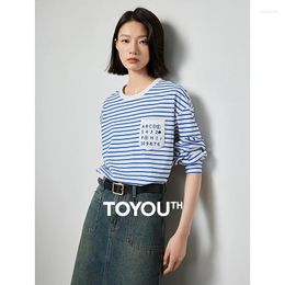 Women's T Shirts TOYOUTH Women Tee Tops 2024 Spring Letter Printed Pocket Round Collar Cotton Casual White