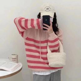 Women's Sweaters Vintage Striped Women Sweater 2024 Preepy Style Warm Knitted Female Cardigan Loose V Neck Ladies Hooded Tops Clothing H81