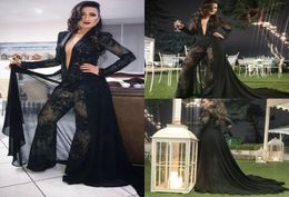 Evening Dress With Detachable Train Jumpsuits Deep V Neck Long Sleeves Lace Appliqued Beaded Formal Party Gowns Custom Made Long P5557241