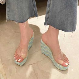 Dress Shoes Voesnees Women Slipper Summer Sexy Transparent Sequin Wedges Sandals Colour Platform Model Show High-Heeled 2021 New H240325