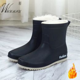 Boots Black Plus Velvet Warm RainBoots Fashion NonSlip Platform WearResistant Work Shoes PVC Waterproof Slip On Mid Rubber Boots