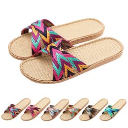 Slippers Womens multi-color flat slider summer linen indoor shoes family leisure beach cross strap womens flip sandals H240325