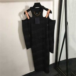 Chain Sexy Halter Dresses For Women Long Sleeve Skirts High Grade Ladies Hip Wrap Slim Black Dress