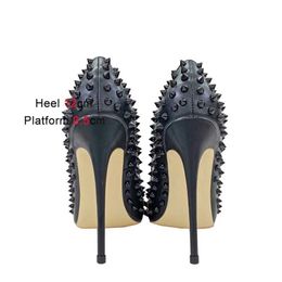 Dress Shoes New Luxury Rivet Stiletto Pumps Women 12CM Party Slip On High Heels Fashion Pointed Toe Star Stage Black Plus SizeT4C3 H240321