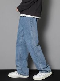 2023 Korean Mens Casual Long Jeans Classic Man Straight Denim Wideleg Pants Solid Color Light Blue Grey Black 3XL 240311