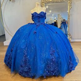 Blue Shiny Sweetheart Ball Gown Quinceanera Dresses Off The Shoulder Appliques Lace 3DFlowers Vestido De 15 Anos Sweet 16