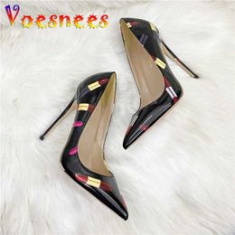 Dress Shoes Designer Lipstick Print High Heels Nightclub Black Pointed Tip French Single 10CM Fashion Fetish Womens Pumps Big Size H240325