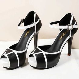 Dress Shoes Fish Mouth Open Toe Womens Black White Line Summer Hollow Buckle Sandals Mixed Colors Thin High Heels Sexy Party H24032501