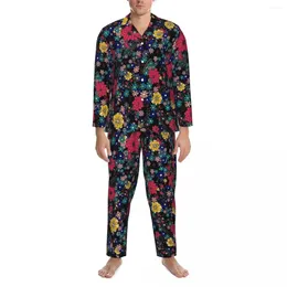 Men's Sleepwear Ditsy Floral Autumn Red And Yellow Casual Loose Oversized Pyjama Set Male Long Sleeves Fashion Daily Graphic Home Suit