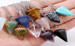 Colar de pingente de pedra preciosa natural cristal cura chakra reiki pedra de prata hexagonal prisme cone pêndulo charme colares3191003